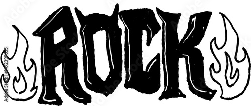 Rock text with flames, black-white drawing, energetic design, white background. Art conveys a punk music spirit.