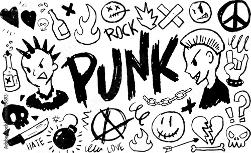 Punk rock doodles set. Hand drawn rebellious punk symbols: skulls, mohawks, chains, flames, bombs, and anarchy signs. Perfect for alternative music, street style and subculture designs.