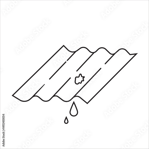 A minimalist line drawing showing water droplets falling from a damaged or leaking roof tile. Suitable for illustrating issues related to roof damage, water leaks, home maintenance, and weather proble