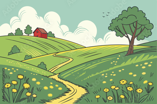 131 idyllic meadow, rolling hills, lush green grass, vibrant yellow wildflowers, winding pathway, red barn, scattered trees, cumulus clouds, serene pastoral landscape, warm sunlight, peaceful countrys