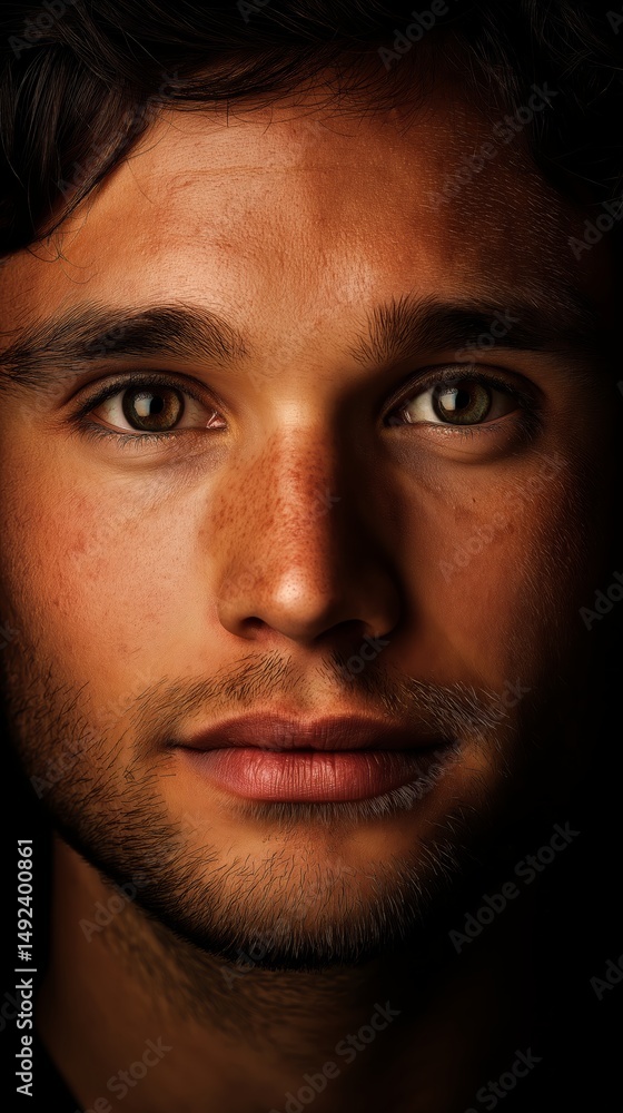 Obraz premium Intimate Portrait: A close-up shot showcases the warm features and expressive eyes of a young man, bathed in soft light, revealing his unique character and inner thoughts.