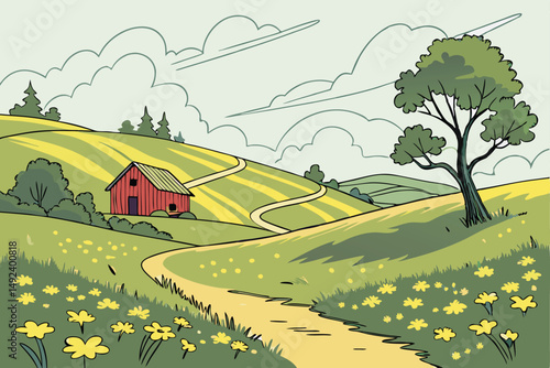 131 idyllic meadow, rolling hills, lush green grass, vibrant yellow wildflowers, winding pathway, red barn, scattered trees, cumulus clouds, serene pastoral landscape, warm sunlight, peaceful countrys