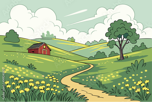 131 idyllic meadow, rolling hills, lush green grass, vibrant yellow wildflowers, winding pathway, red barn, scattered trees, cumulus clouds, serene pastoral landscape, warm sunlight, peaceful countrys
