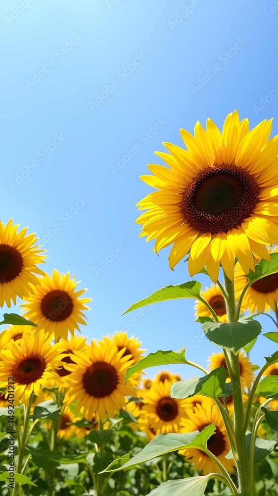 Fototapeta premium Vibrant sunflowers basking in bright sunlight against a clear blue sky
