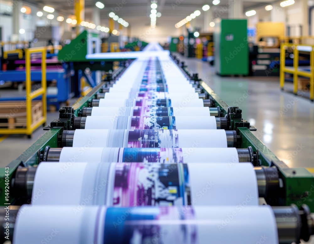 Fototapeta premium High speed printing press in a modern industrial facility showcasing printed materials