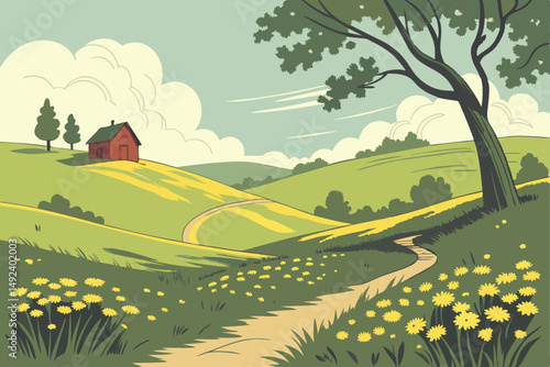 131 idyllic meadow, rolling hills, lush green grass, vibrant yellow wildflowers, winding pathway, red barn, scattered trees, cumulus clouds, serene pastoral landscape, warm sunlight, peaceful countrys