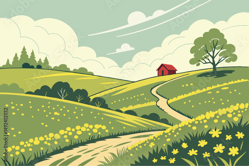131 idyllic meadow, rolling hills, lush green grass, vibrant yellow wildflowers, winding pathway, red barn, scattered trees, cumulus clouds, serene pastoral landscape, warm sunlight, peaceful countrys