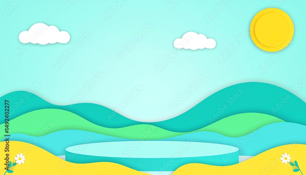 Obraz premium A colorful, abstract landscape featuring rolling hills, a sun, and clouds, designed with a playful, minimalist aesthetic