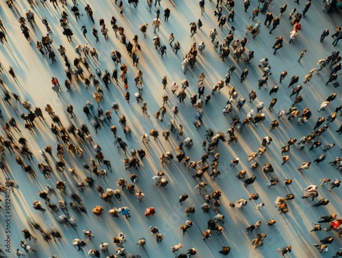 Aerial view of crowd of people walking motion blur long shadows on pavement in city square