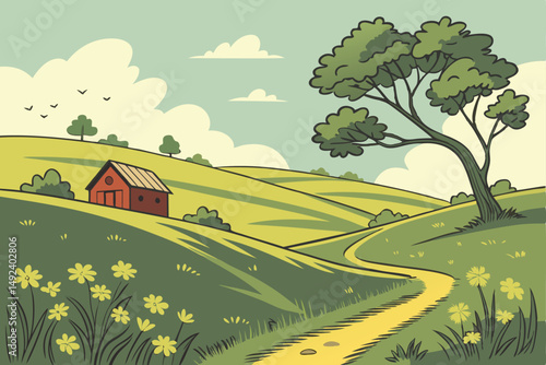 131 idyllic meadow, rolling hills, lush green grass, vibrant yellow wildflowers, winding pathway, red barn, scattered trees, cumulus clouds, serene pastoral landscape, warm sunlight, peaceful countrys