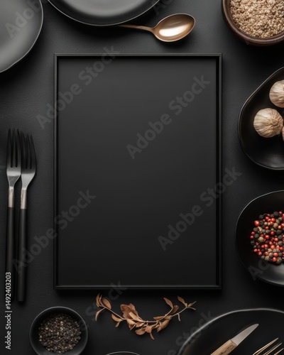 Elegant black frame mockup surrounded by gourmet ingredients and utensils on dark background flat lay