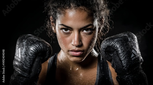 Battle-ready female athlete in glistening sweat focused on hardcore gym workout fitness training and cardio exercises