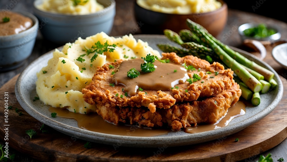 Delicious chicken fried steak with mashed potatoes and asparagus Delicious chicken fried steak with mashed potatoes and asparagus