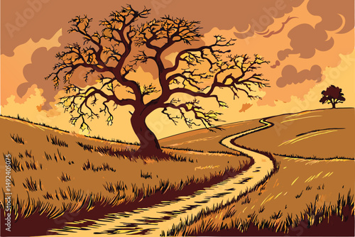 132 a lonely, twisted tree stands atop a rolling, golden field at sunset, winding dirt pathway leading through the landscape, dramatic lighting, moody atmosphere, cinematic, highly detailed, award-win