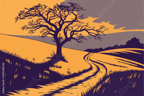 132 a lonely, twisted tree stands atop a rolling, golden field at sunset, winding dirt pathway leading through the landscape, dramatic lighting, moody atmosphere, cinematic, highly detailed, award-win
