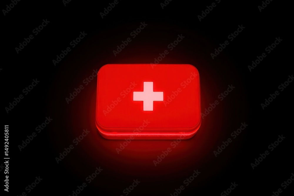 Fototapeta premium Glowing red first aid kit emergency medical box