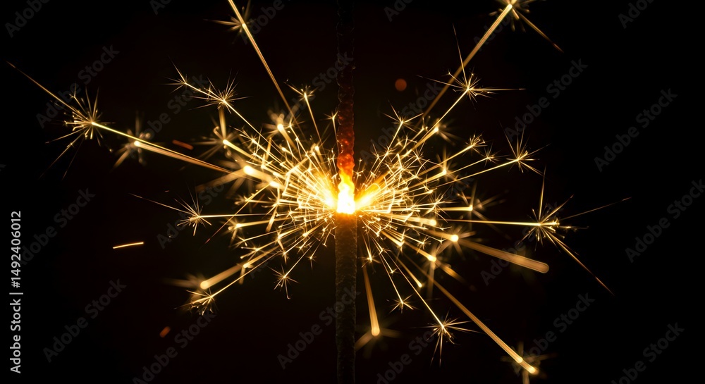 Fototapeta premium Sparkler Burning Brightly with Golden Sparks on Black Background