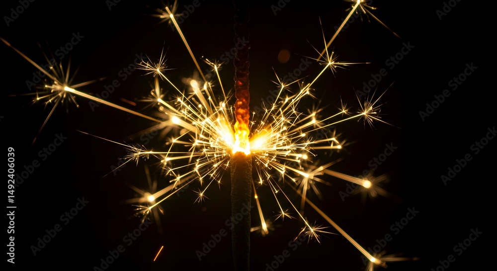 Sparkler Burning with Glowing Light and Sparks in Darkness Sparkler Burning with Glowing Light and Sparks in Darkness