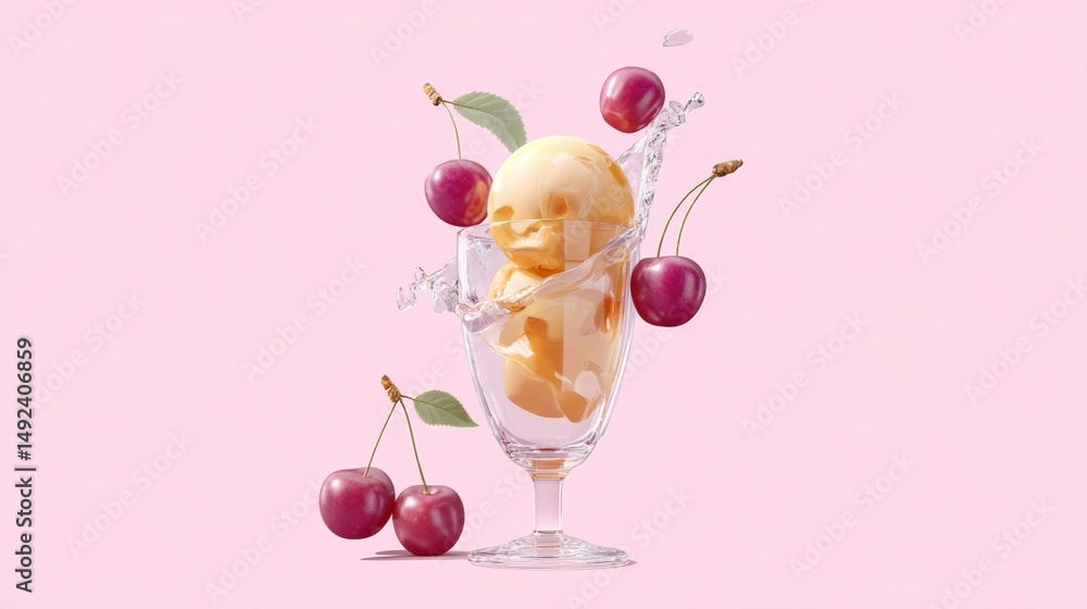 Fototapeta premium Glass of ice cream with cherries on top. The cherries are floating in the ice cream and the glass is half full