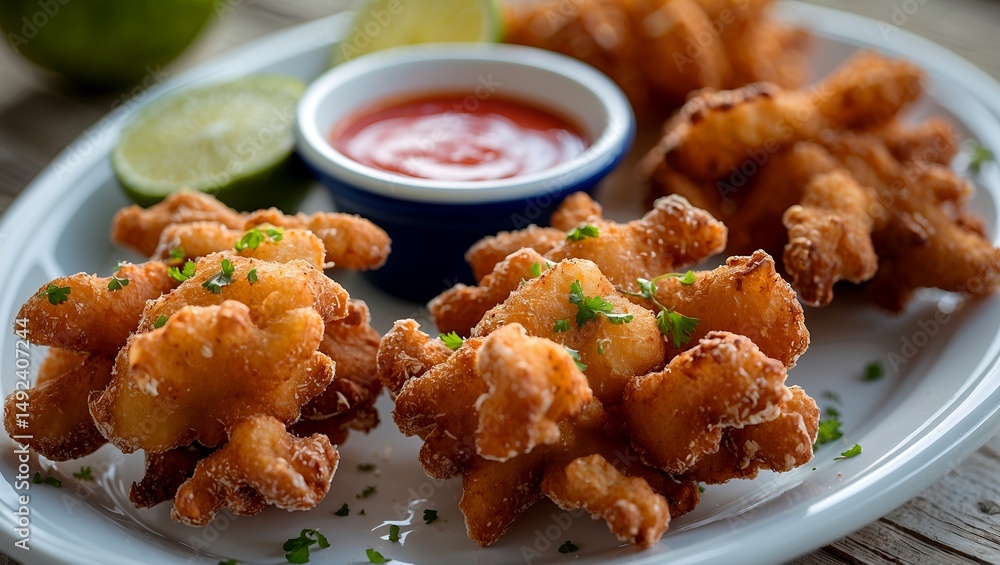 Delicious deep fried conch fritters with lime sauce Delicious deep fried conch fritters with lime sauce