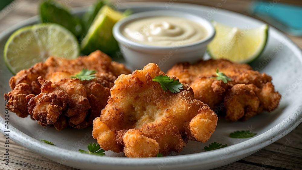 Fototapeta premium Delicious deep fried conch fritters with lime sauce