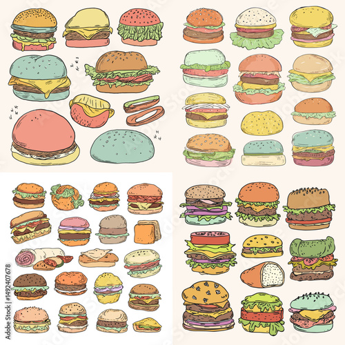 Fun and colorful hand-drawn burger set featuring various buns, patties, fillings, and toppings. Ideal for menu design, stickers, or food branding visuals.

