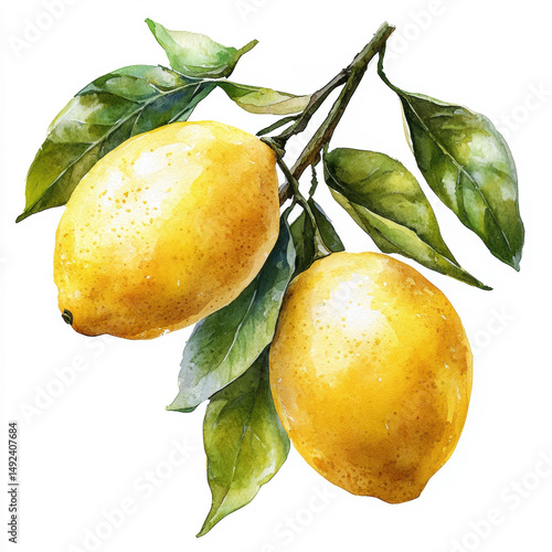 Watercolor painting of two ripe yellow lemons hanging from a branch with green leaves, isolated on a white background