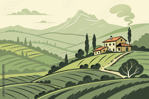 133 lush,verdant,rolling hills,terraced fields,rural village,mountain range,overcast sky,idyllic landscape,picturesque scenery,tranquil countryside
