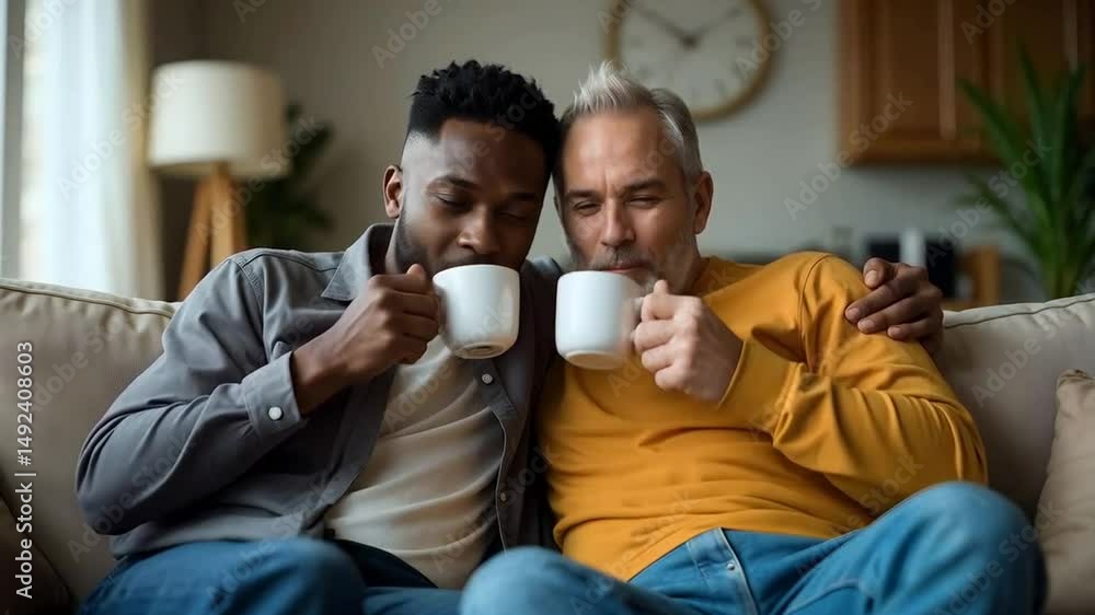 Two men, one black and one white sat on a couch hugging and holding cups in a living room Two men, one black and one white sat on a couch hugging and holding cups in a living room