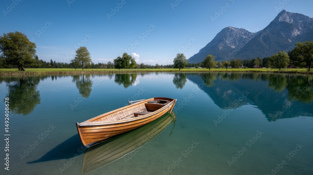 Small wooden boat sits in a lake, surrounded by trees and mountains in the background. The scene is peaceful and serene, with the calm water reflecting the beauty of the landscape Small wooden boat sits in a lake, surrounded by trees and mountains in the background. The scene is peaceful and serene, with the calm water reflecting the beauty of the landscape