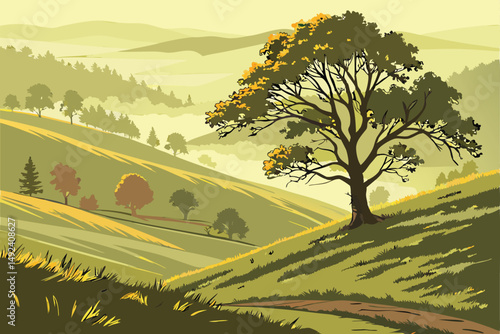 134 dreamy rolling hills, lush green meadows, lone tree in autumn foliage, mist-shrouded valleys, warm lighting, vibrant colors, cinematic landscape, atmospheric mood, serene and tranquil scenery, det