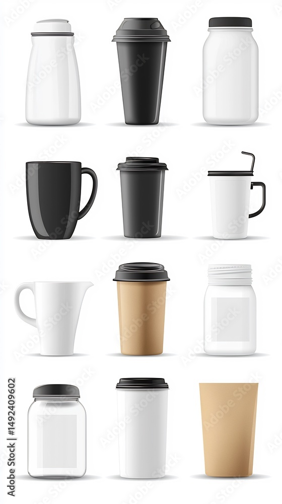Diverse collection of mockup containers, showcasing packaging, design and presentation Diverse collection of mockup containers, showcasing packaging, design and presentation