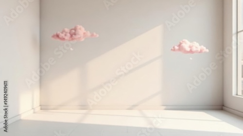Serene Minimalist Room with Floating Pastel Clouds and Sunlit Floor