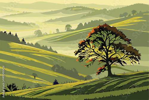 134 dreamy rolling hills, lush green meadows, lone tree in autumn foliage, mist-shrouded valleys, warm lighting, vibrant colors, cinematic landscape, atmospheric mood, serene and tranquil scenery, det