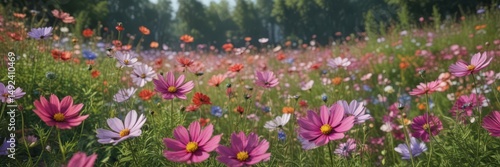 Vibrant cosmos flowers bloom in a lush garden ,  illustration,  art,  floral design