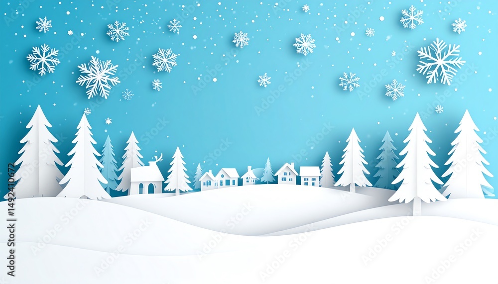 Obraz premium A serene winter landscape with white paper trees, houses, and snowflakes against a blue background, evoking a peaceful holiday atmosphere