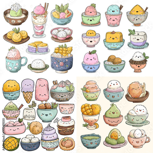 Cute Asian dessert set with smiling mochi, shaved ice, sticky rice, and tropical treats in soft colors and kawaii-style bowls. Ideal for food-themed kid designs.

