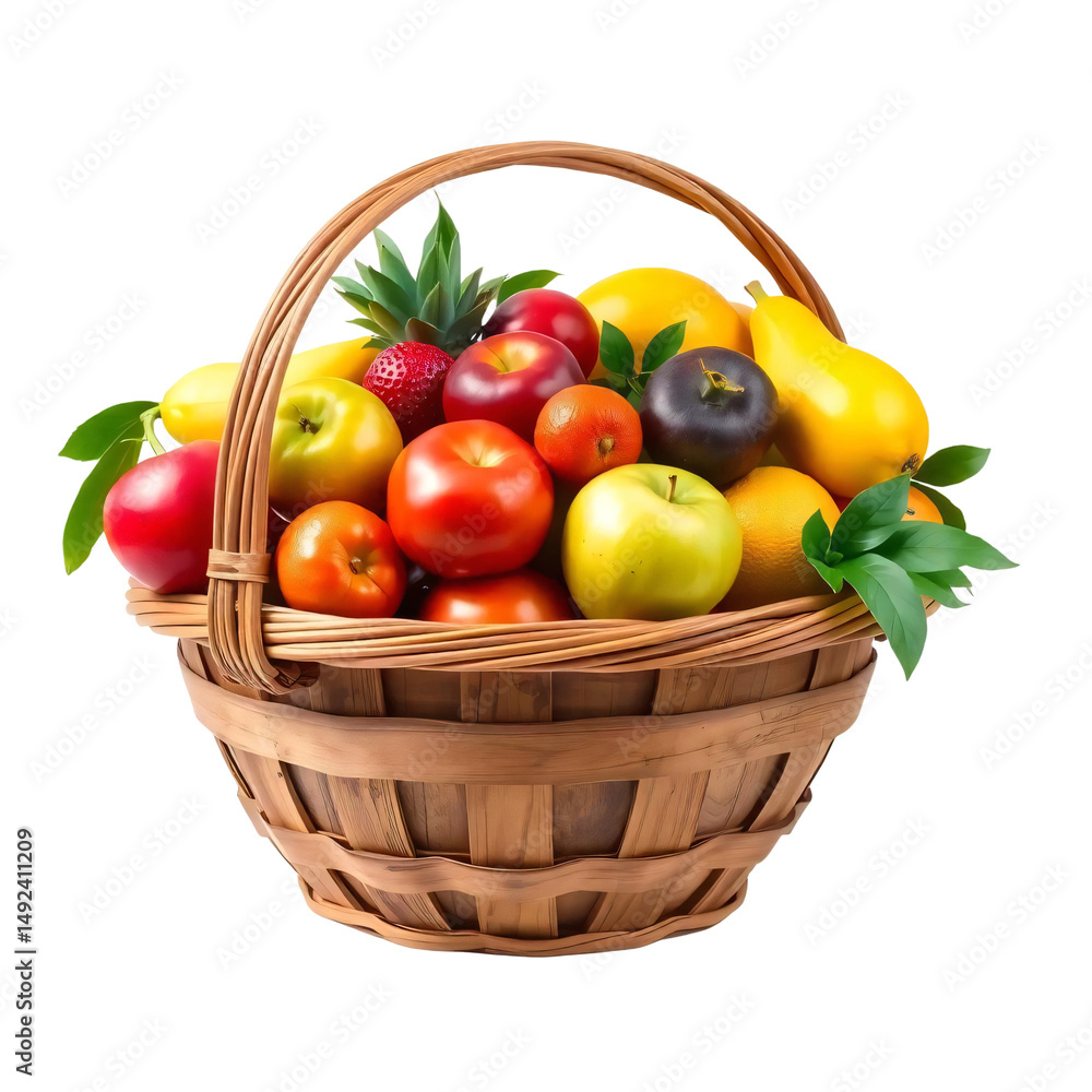 Fresh fruit in wooden fruit basket isolated on transparent background Fresh fruit in wooden fruit basket isolated on transparent background