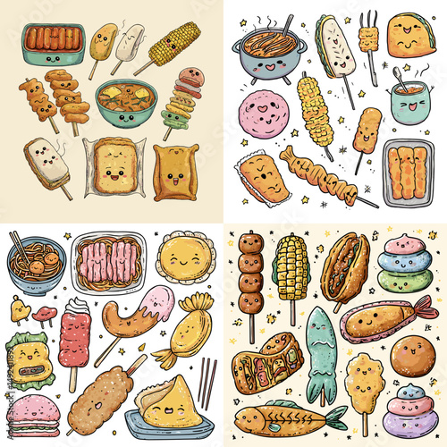 Kawaii-style street food illustration set with skewers, fried snacks, grilled seafood, and bubble tea. Cute and colorful design perfect for food stickers and prints.

