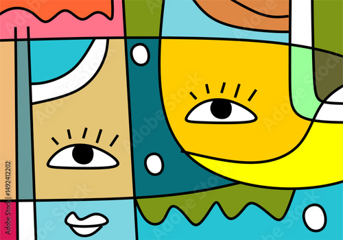 colorful cubist abstract illustration featuring expressive human faces with geometric patterns and bold lines.