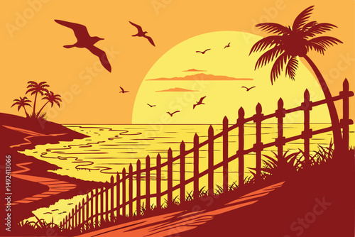 135 dramatic sunset, ocean, silhouettes of birds flying, bamboo fence, dramatic sky, golden sun, reflections on water, scenic landscape