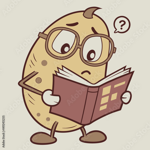Confused potato wearing glasses reading math book upside down