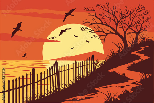 135 dramatic sunset, ocean, silhouettes of birds flying, bamboo fence, dramatic sky, golden sun, reflections on water, scenic landscape