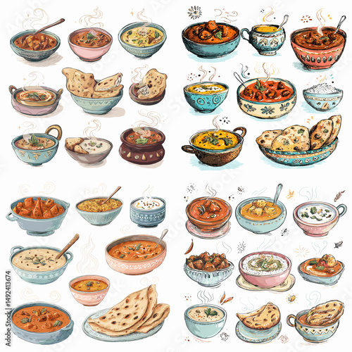 Hand-drawn Indian food collection featuring curry dishes, naan bread, and traditional bowls. Perfect for culinary designs and cultural food illustration projects.

