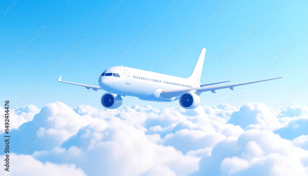Obraz premium a modern airplane flying through high altitude clouds, isolated aircraft, soft blue gradient sky background