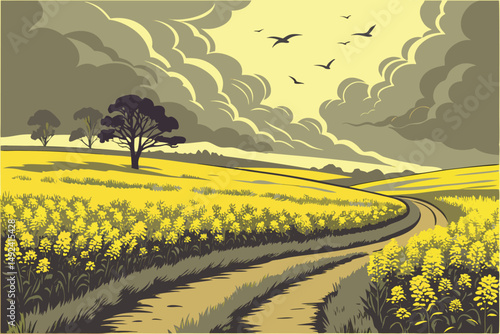 136 beautiful canola field, dramatic clouds with birds flying, winding dirt path through field, stunning scenic landscape, vibrant colors, dramatic sky, moody atmosphere