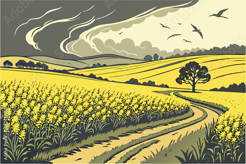 136 beautiful canola field, dramatic clouds with birds flying, winding dirt path through field, stunning scenic landscape, vibrant colors, dramatic sky, moody atmosphere