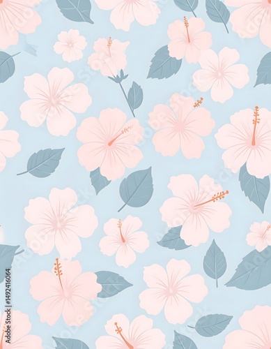 Wallpaper Mural Soft Pink Hibiscus Flowers on Light Blue Background Pattern Torontodigital.ca