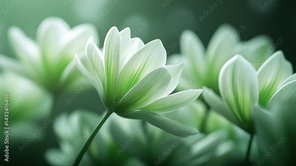 Fototapeta premium Dreamy White Flowers with Soft Green Glow and Bokeh green bokeh dreamy glow floral white flower pure