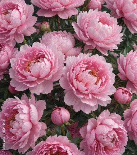 Dense cluster of pink peonies, soft pink backdrop, soft, floral design, fresh